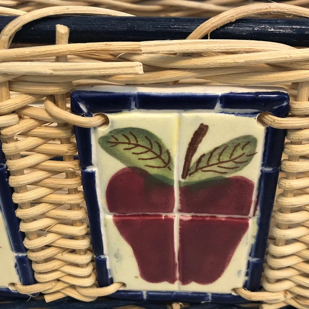Grandmacore Wicker Basket with Handles  & 3 Painted Apples Tile  15” x 7” x 6”